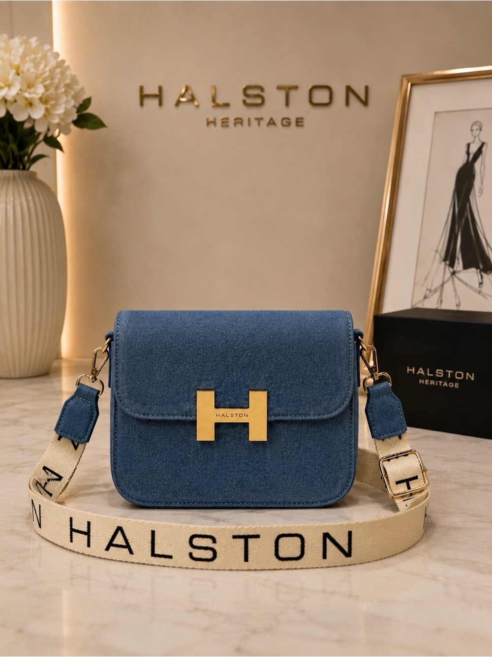 ✨ Halston Denim Crossbody Bag with Gold H Hardware - Like New! ✨